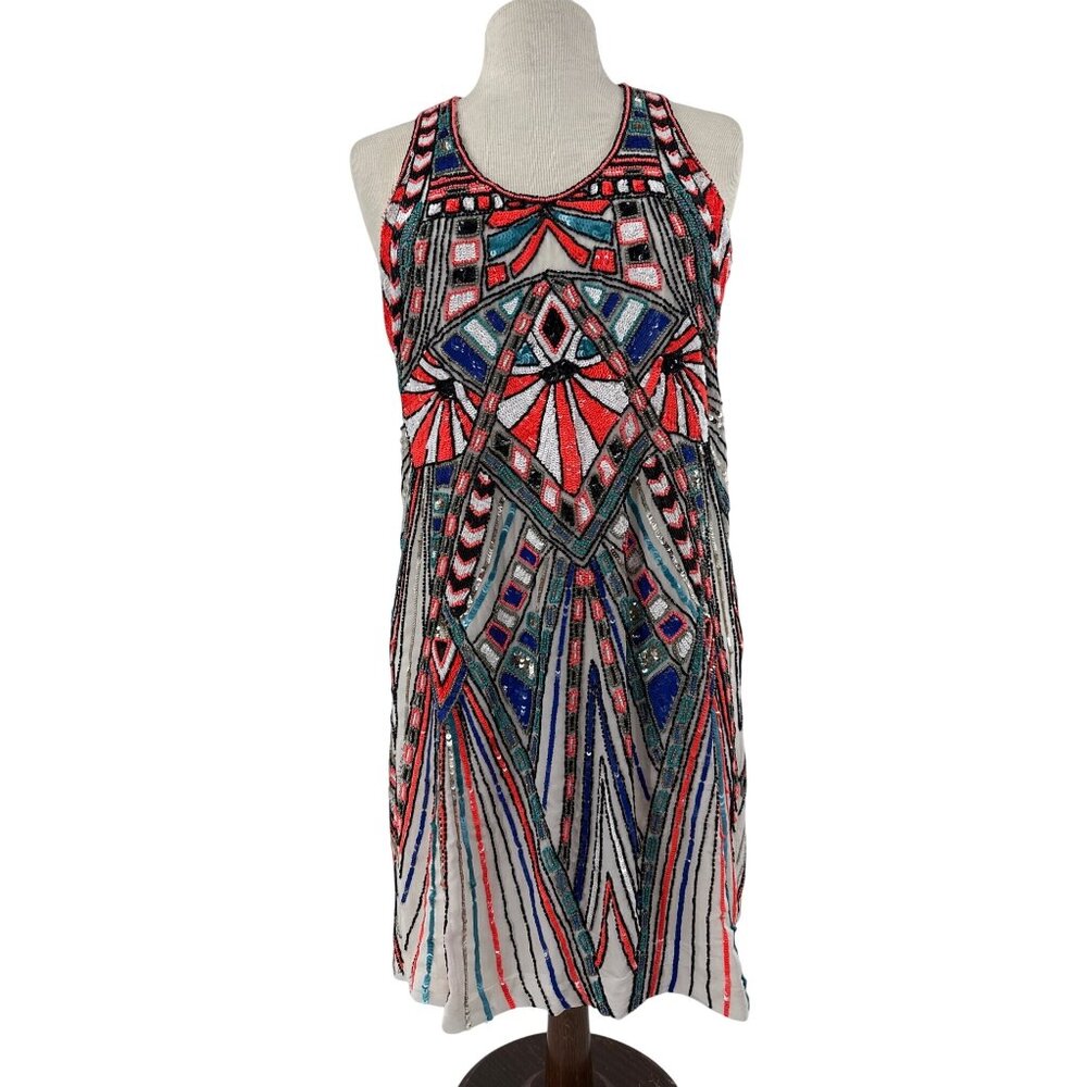 Parker Ramsey Hand-Beaded Art Deco‎ Patterned Sleeveless Mini Dress Medium